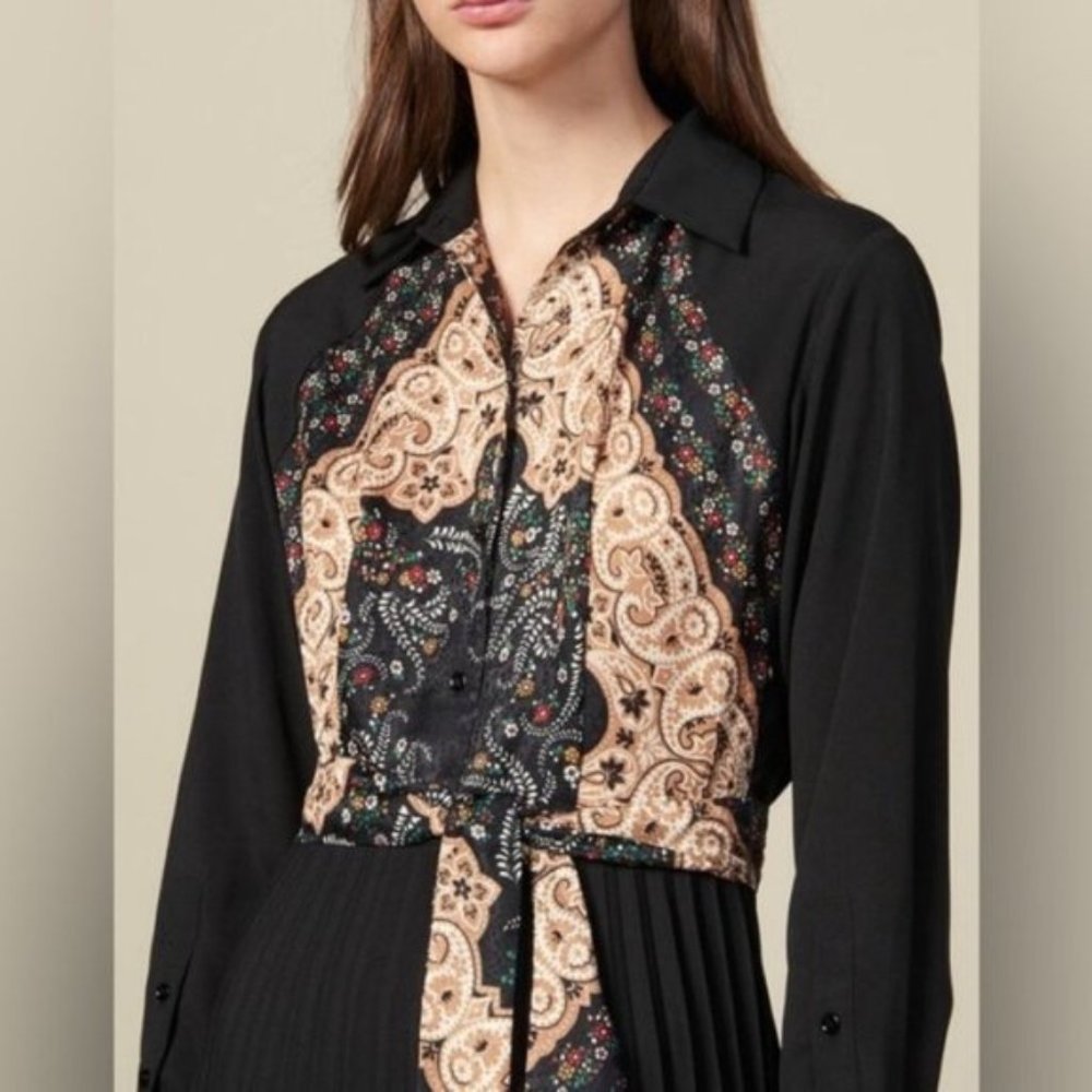 Sandro Black Pleated Midi Dress with Embroidered Panel - Picture 16 of 16